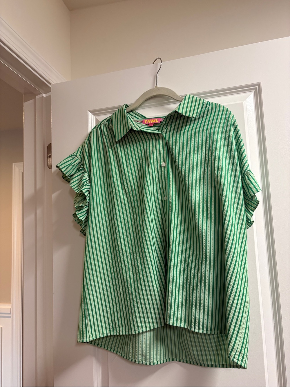 THML Green Stripe Ruffle Sleeve Button-Front Top